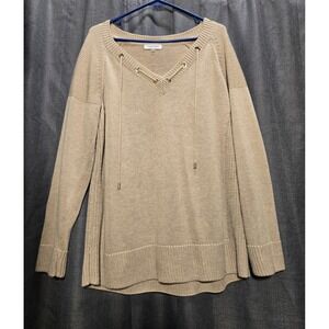 Calvin Klein Knit Sweater Tunic Lace-Up V-Neck‎ Long Sleeve Beige XL